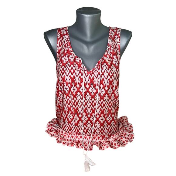 beachlunchlounge Tops - BeachLunchLounge Red and White Patterned Women's Boho Tank Top Ruffle Small S